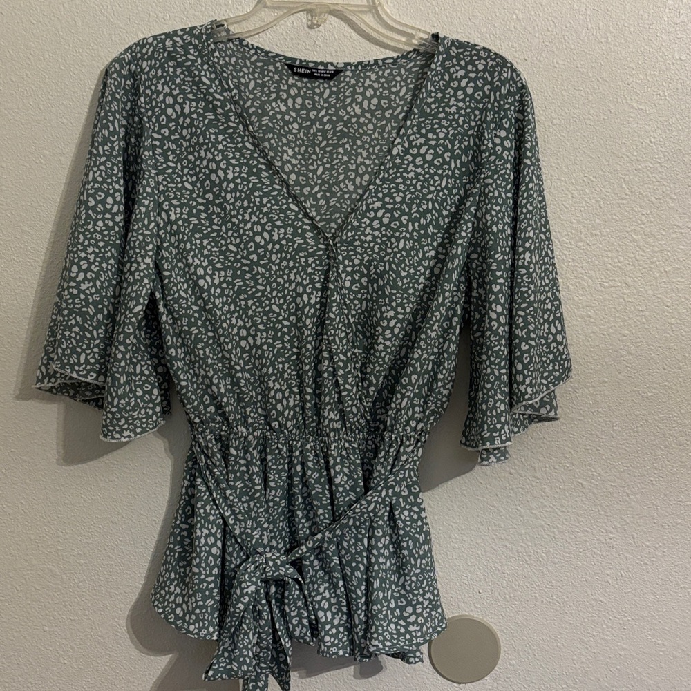 SHEIN Green and White Kimono Style Wrap Blouse, Boho, casual, office, winter
